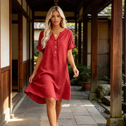 🔥Letzter Tag: 50% Rabatt!⏰👗Rabatt Damen Tunika-Kleid mit V-Ausschnitt & Taschen 🌊 Lässiges Kleid in Leinenoptik für Sommer, Strand & Alltag