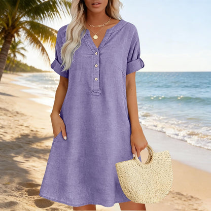 🔥Letzter Tag: 50% Rabatt!⏰👗Rabatt Damen Tunika-Kleid mit V-Ausschnitt & Taschen 🌊 Lässiges Kleid in Leinenoptik für Sommer, Strand & Alltag