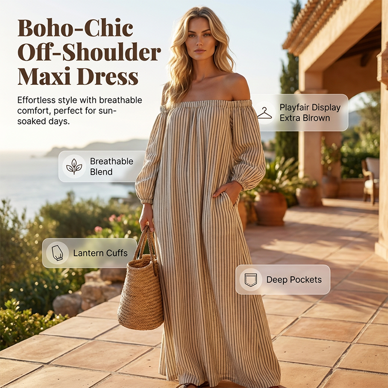 🔥Solange der Vorrat reicht 40 % Rabatt!🎉Maxikleid für Damen mit schulterfreiem Ausschnitt und Laternenärmeln