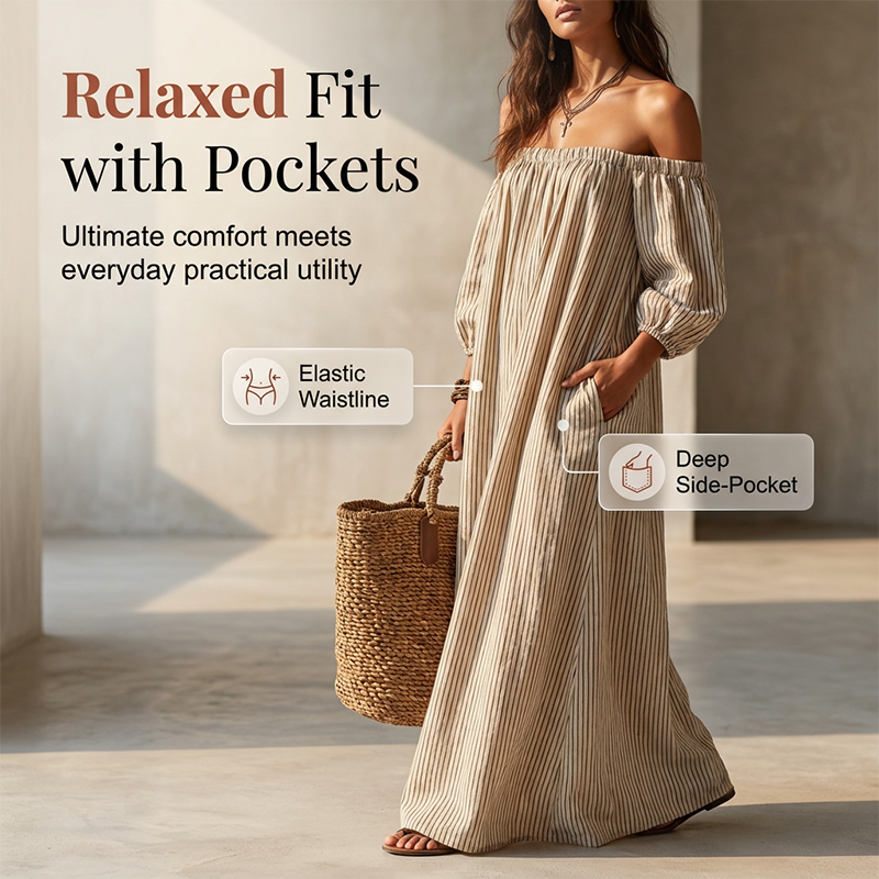 🔥Solange der Vorrat reicht 40 % Rabatt!🎉Maxikleid für Damen mit schulterfreiem Ausschnitt und Laternenärmeln