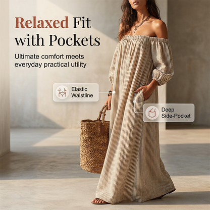 🔥Solange der Vorrat reicht 40 % Rabatt!🎉Maxikleid für Damen mit schulterfreiem Ausschnitt und Laternenärmeln