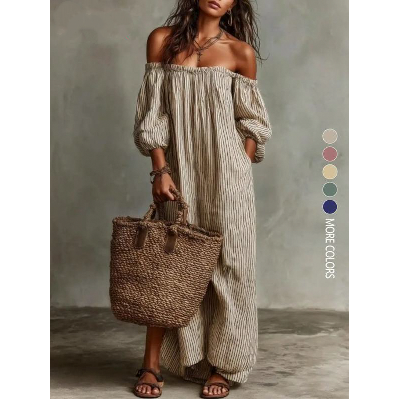 🔥Solange der Vorrat reicht 40 % Rabatt!🎉Maxikleid für Damen mit schulterfreiem Ausschnitt und Laternenärmeln