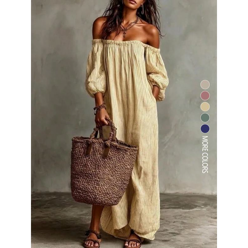 🔥Solange der Vorrat reicht 40 % Rabatt!🎉Maxikleid für Damen mit schulterfreiem Ausschnitt und Laternenärmeln
