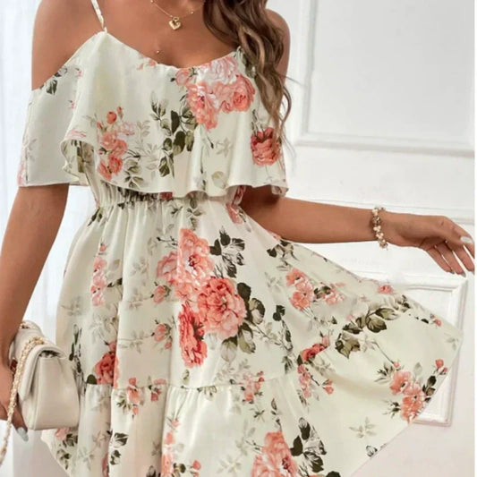 👗 50% RABATT! 🌸 Damen Boho Blumenprint Cold-Shoulder-Kleid – Leicht & fließend – Ideal für Sommer, Strand oder Gartenparty – romantischer Look mit Lässigkeit ✨☀️🌿
