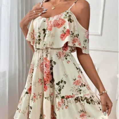 👗 50% RABATT! 🌸 Damen Boho Blumenprint Cold-Shoulder-Kleid – Leicht & fließend – Ideal für Sommer, Strand oder Gartenparty – romantischer Look mit Lässigkeit ✨☀️🌿