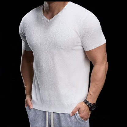 👕 ZEITLICH BEGRENZT 50% RABATT! ✨ Atmungsaktives V-Ausschnitt Strick-T-Shirt – Strukturiertes Finish, Sportlicher Schnitt, Vom Gym auf die Straße 🏋️