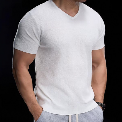 👕 ZEITLICH BEGRENZT 50% RABATT! ✨ Atmungsaktives V-Ausschnitt Strick-T-Shirt – Strukturiertes Finish, Sportlicher Schnitt, Vom Gym auf die Straße 🏋️
