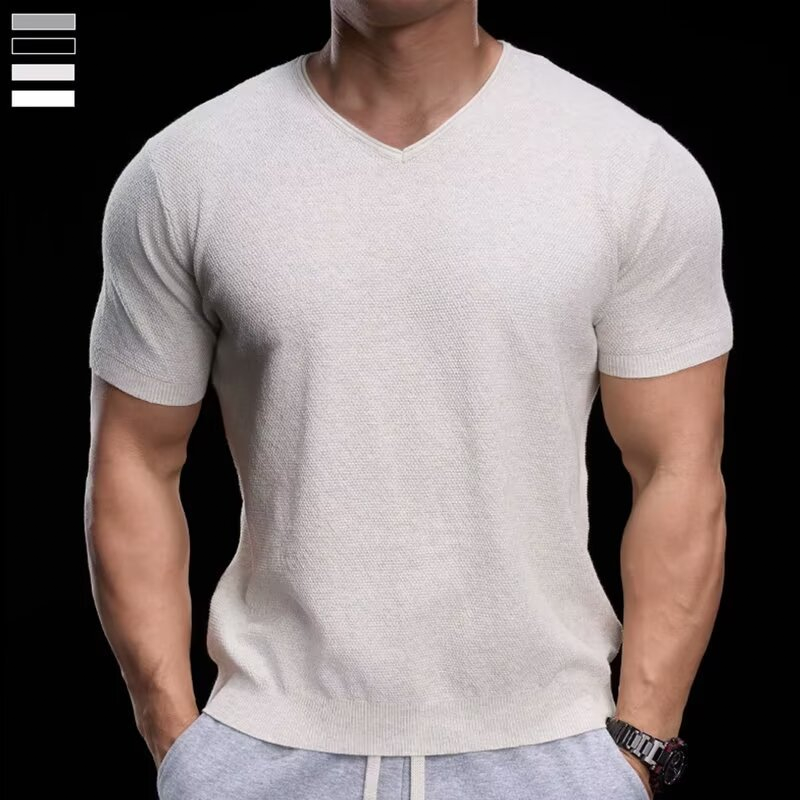 👕 ZEITLICH BEGRENZT 50% RABATT! ✨ Atmungsaktives V-Ausschnitt Strick-T-Shirt – Strukturiertes Finish, Sportlicher Schnitt, Vom Gym auf die Straße 🏋️