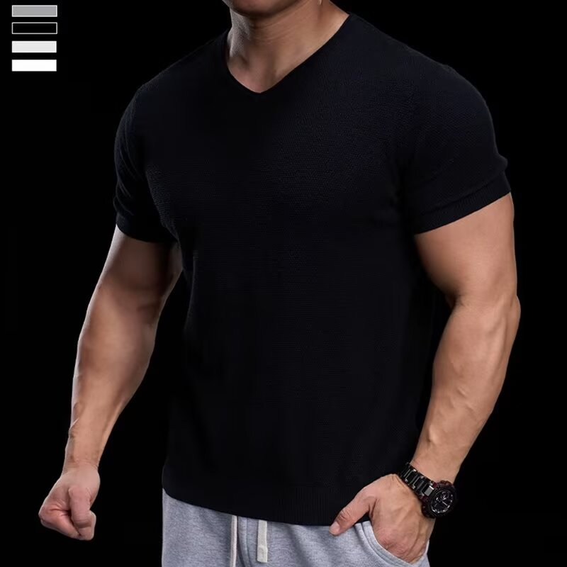 👕 ZEITLICH BEGRENZT 50% RABATT! ✨ Atmungsaktives V-Ausschnitt Strick-T-Shirt – Strukturiertes Finish, Sportlicher Schnitt, Vom Gym auf die Straße 🏋️