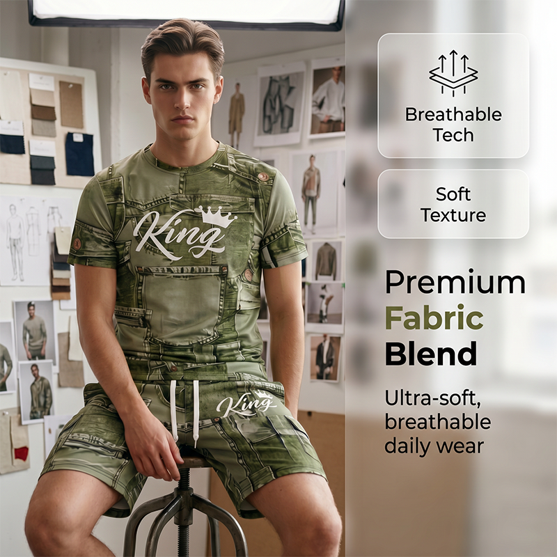 🔥Solange der Vorrat reicht 40 % Rabatt!🎉Herren Lässiges Kunstdenim-Print T-Shirt & Shorts Set
