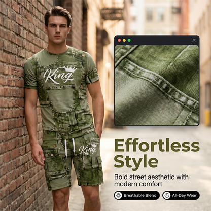 🔥Solange der Vorrat reicht 40 % Rabatt!🎉Herren Lässiges Kunstdenim-Print T-Shirt & Shorts Set