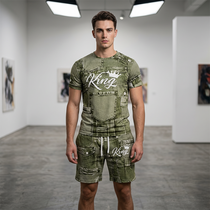 🔥Solange der Vorrat reicht 40 % Rabatt!🎉Herren Lässiges Kunstdenim-Print T-Shirt & Shorts Set