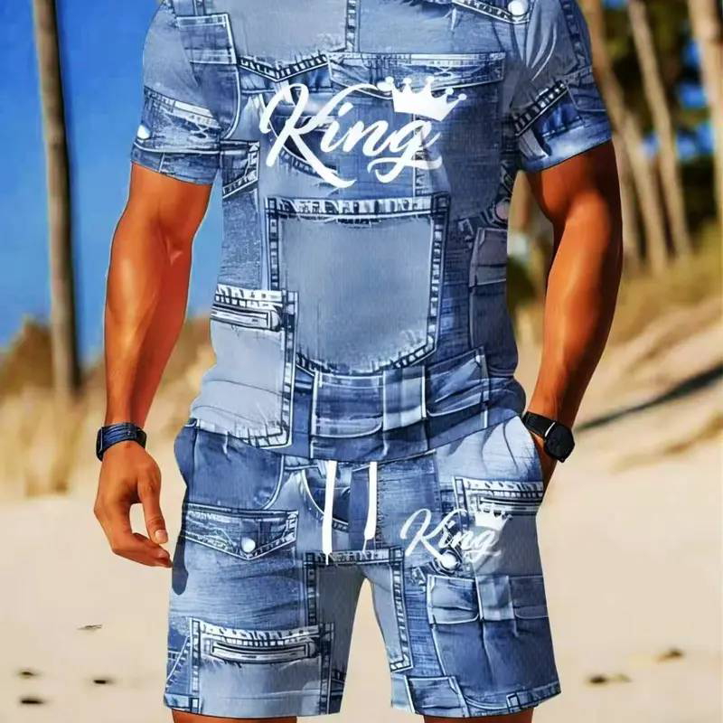 🔥Solange der Vorrat reicht 40 % Rabatt!🎉Herren Lässiges Kunstdenim-Print T-Shirt & Shorts Set