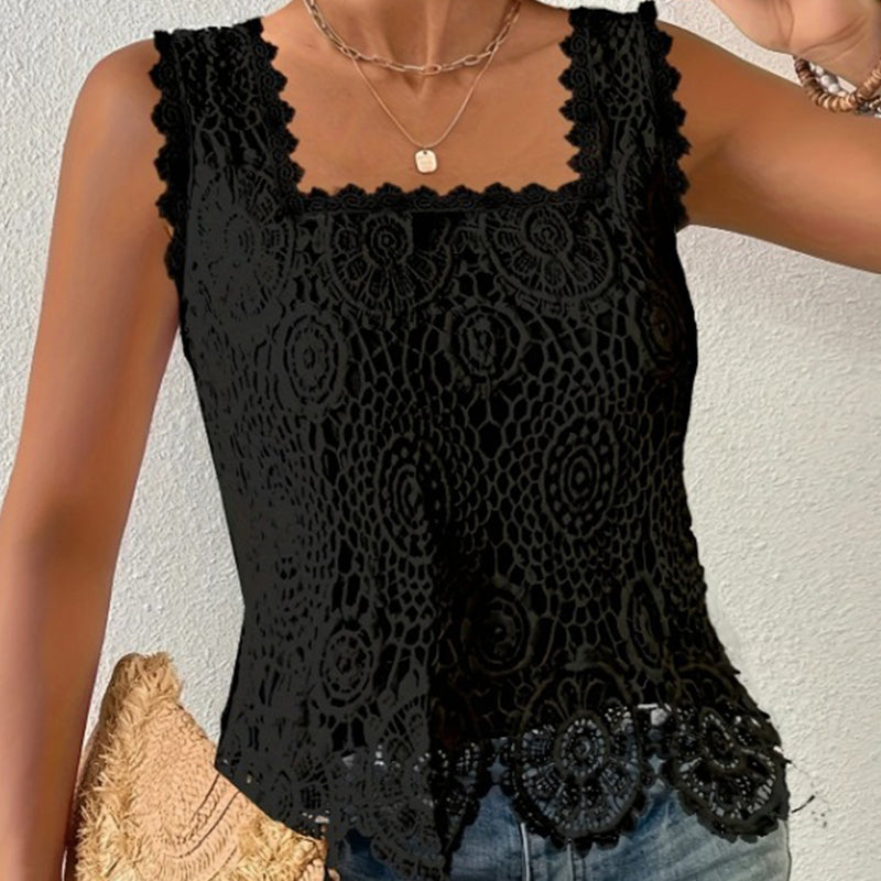 🤍Damen Elegantes Spitzen-Trägertop mit eckigem Ausschnitt 🎀 Schmalträger Top mit Karo-Ausschnitt