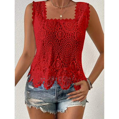 🤍Damen Elegantes Spitzen-Trägertop mit eckigem Ausschnitt 🎀 Schmalträger Top mit Karo-Ausschnitt