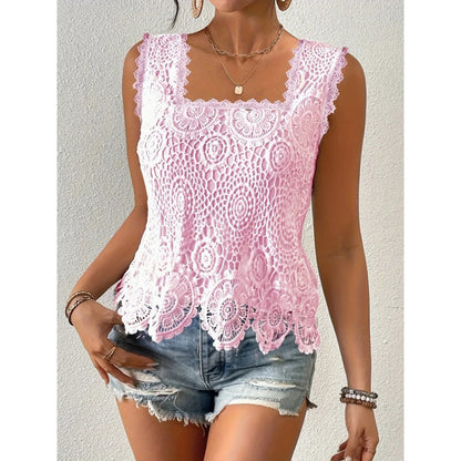 🤍Damen Elegantes Spitzen-Trägertop mit eckigem Ausschnitt 🎀 Schmalträger Top mit Karo-Ausschnitt