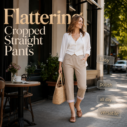 ✨ 50 % RABATT FÜR BEGRENZTE ZEIT! 👖 Damen figurformende Cropped Straight-Hose mit elastischem Taillenbund – Leichter Stoff, umklappbarer Saum mit Kontraststreifen, praktische Taschen für Alltag & Stadt