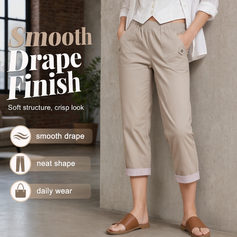 ✨ 50 % RABATT FÜR BEGRENZTE ZEIT! 👖 Damen figurformende Cropped Straight-Hose mit elastischem Taillenbund – Leichter Stoff, umklappbarer Saum mit Kontraststreifen, praktische Taschen für Alltag & Stadt