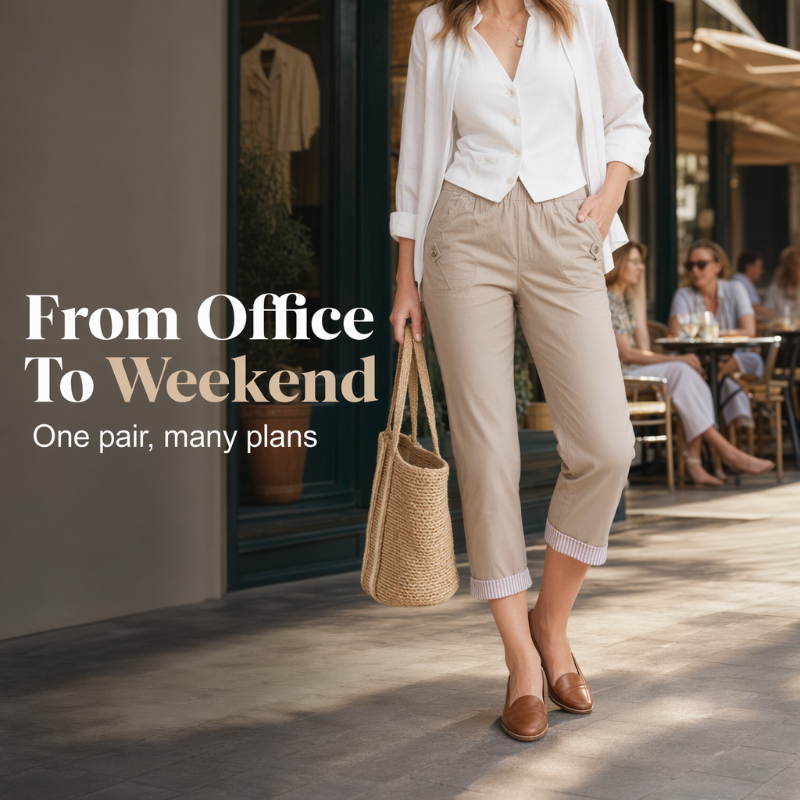 ✨ 50 % RABATT FÜR BEGRENZTE ZEIT! 👖 Damen figurformende Cropped Straight-Hose mit elastischem Taillenbund – Leichter Stoff, umklappbarer Saum mit Kontraststreifen, praktische Taschen für Alltag & Stadt
