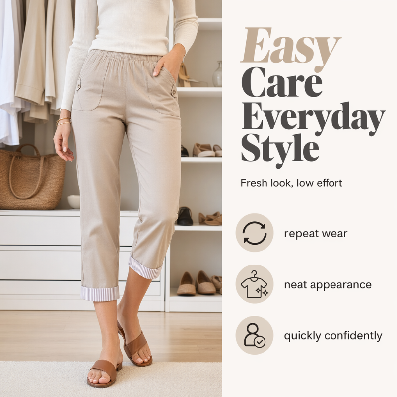 ✨ 50 % RABATT FÜR BEGRENZTE ZEIT! 👖 Damen figurformende Cropped Straight-Hose mit elastischem Taillenbund – Leichter Stoff, umklappbarer Saum mit Kontraststreifen, praktische Taschen für Alltag & Stadt
