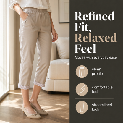 ✨ 50 % RABATT FÜR BEGRENZTE ZEIT! 👖 Damen figurformende Cropped Straight-Hose mit elastischem Taillenbund – Leichter Stoff, umklappbarer Saum mit Kontraststreifen, praktische Taschen für Alltag & Stadt