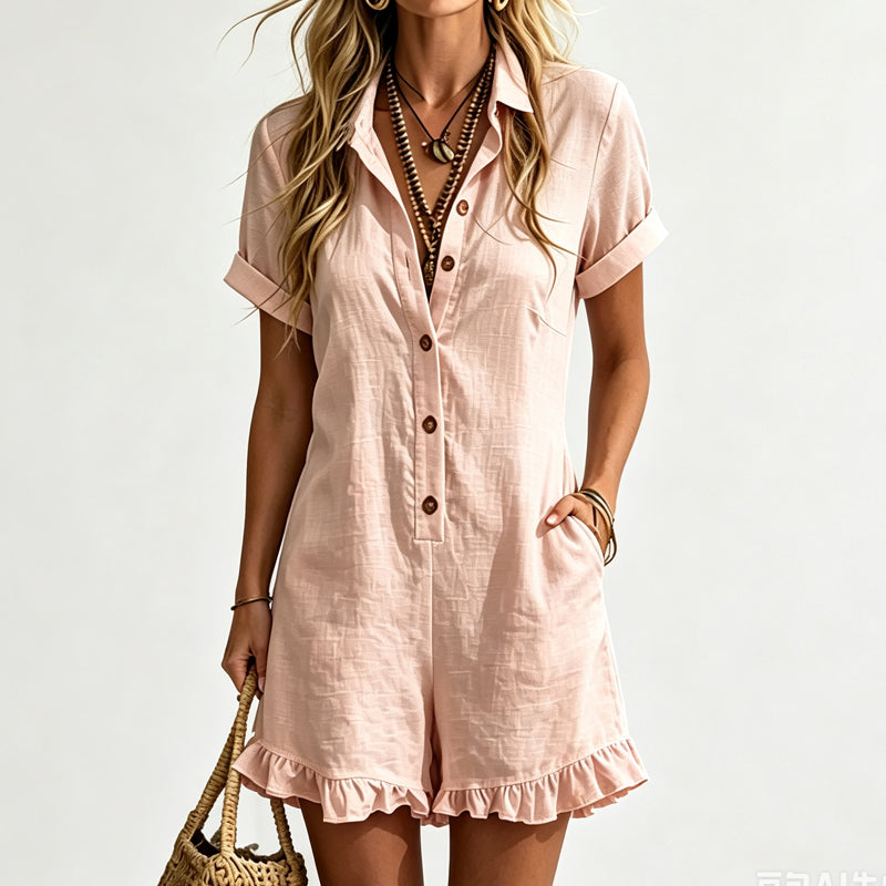 🌸 50% RABATT JETZT! 🌸Damen Kurzarm Einteiler mit Knopfleiste und Taschen