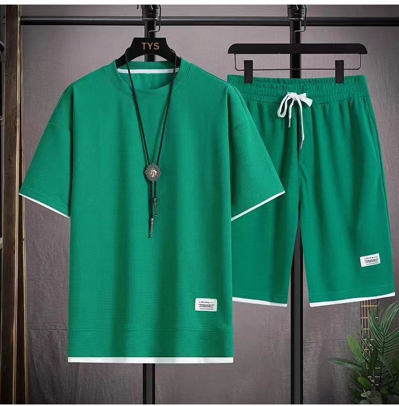 🔥Solange der Vorrat reicht 40 % Rabatt!🎉Herren 2-teiliges Set aus Waffelstoff: Kurzarm-T-Shirt & Shorts