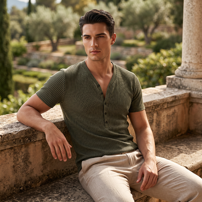 🔥 50% RABATT! 👕 Herren V-Ausschnitt T-Shirt mit Strukturstoff ✨ Zweifarbiges Streifen-Design, Bequeme Passform & Perfekt für Alltag und Freizeit