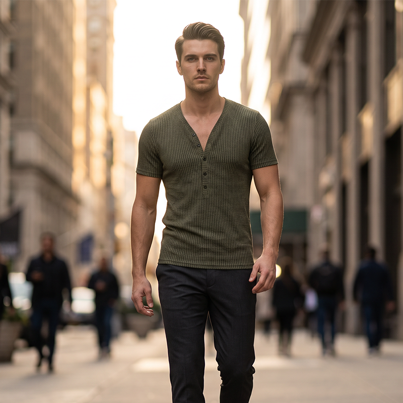 🔥 50% RABATT! 👕 Herren V-Ausschnitt T-Shirt mit Strukturstoff ✨ Zweifarbiges Streifen-Design, Bequeme Passform & Perfekt für Alltag und Freizeit