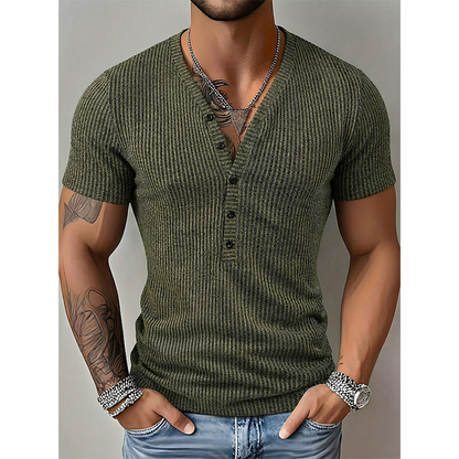 🔥 50% RABATT! 👕 Herren V-Ausschnitt T-Shirt mit Strukturstoff ✨ Zweifarbiges Streifen-Design, Bequeme Passform & Perfekt für Alltag und Freizeit