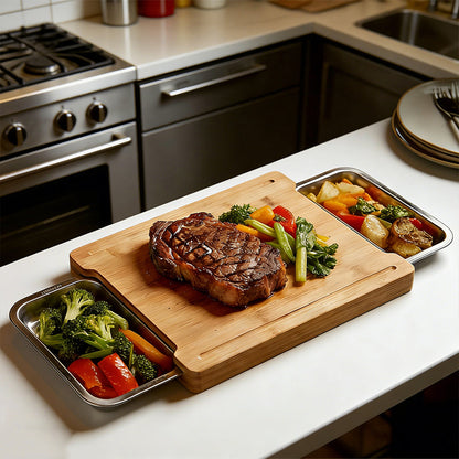 🔪 50% RABATT! 🥗 Holzschneidebrett mit ausziehbaren Schalen – Integrierte Auffangschalen, stabil & platzsparend – Perfekt für präzises Schneiden & einfaches Servieren 🪵