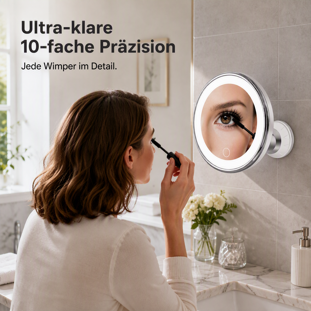 💄✨10‑fach vergrößernder Schminkspiegel｜LED‑Beleuchtung & Saugnapf‑Befestigung für perfektes Make‑up