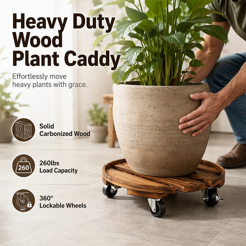 🌿 Runder Holz-Pflanzenroller mit Rädern – Mobiler Blumentopf-Untersetzer mit 360°-Schwenkrollen