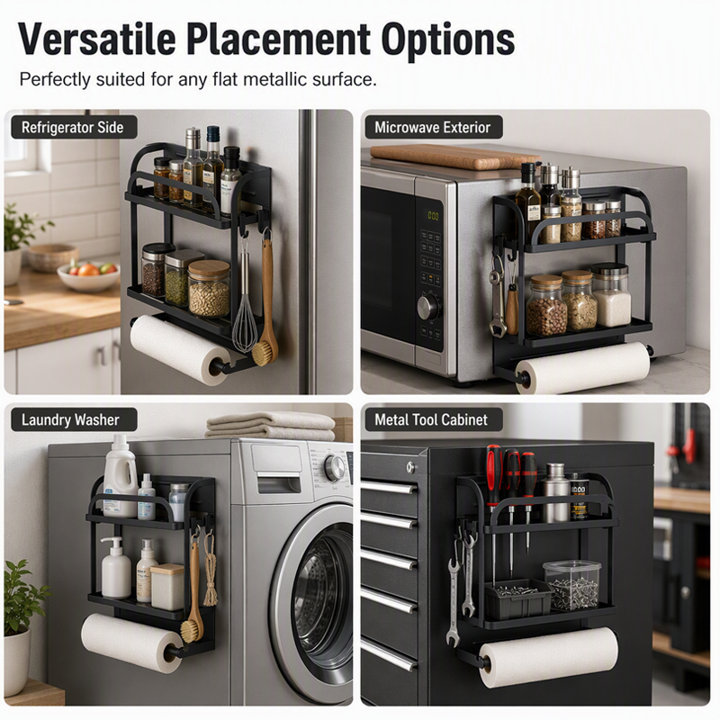 🧲Magnetischer Kühlschrank-Organizer aus Edelstahl – Hängendes Regal mit 2 Fächern für Gewürze, Dosen & Snacks