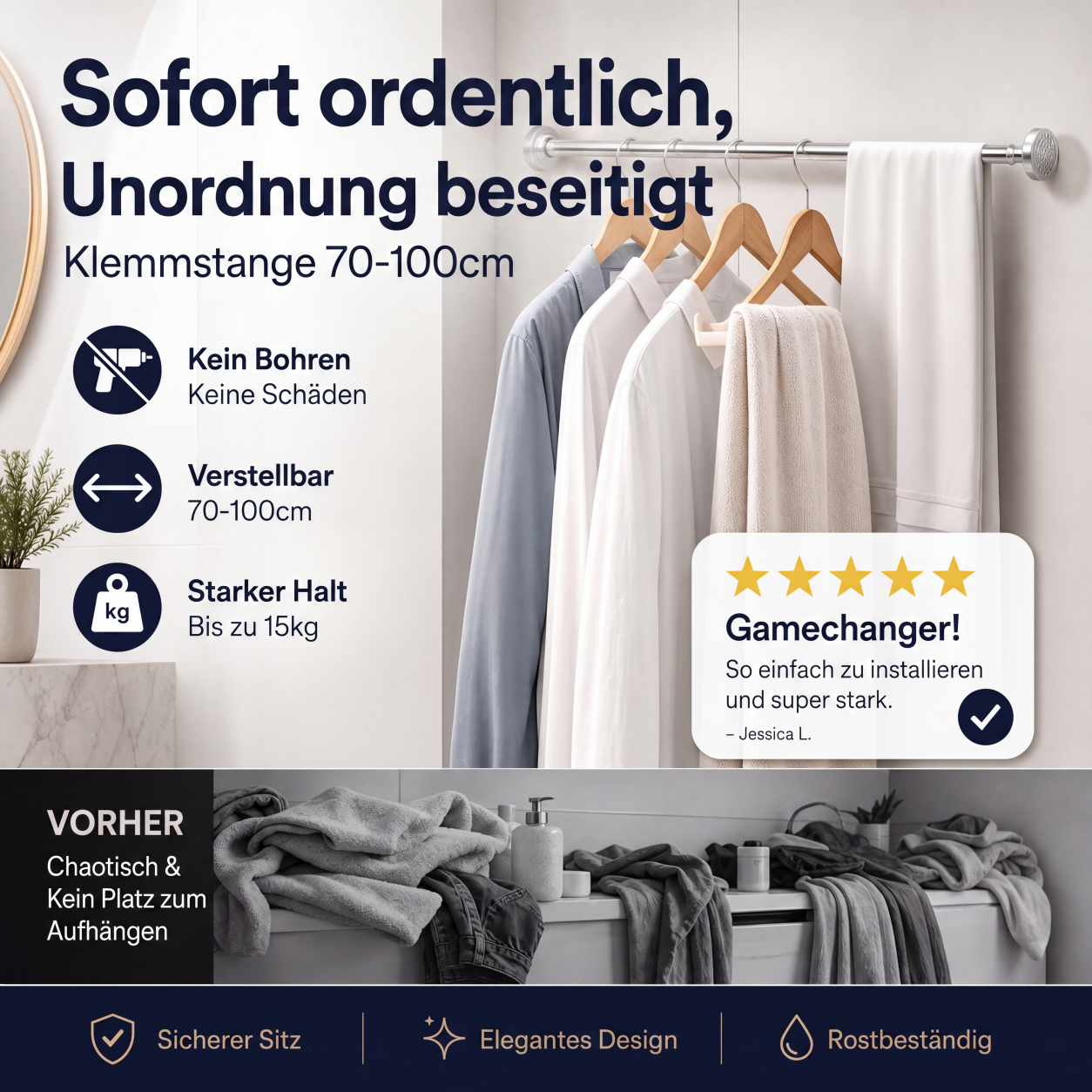 🔧 JETZT 50 % RABATT! 📏 Verstellbare Spannstange ohne Bohren – Werkzeugfreie Montage, starker Halt & vielseitig einsetzbar – Schafft sofortigen Stauraum überall und jederzeit 🏠