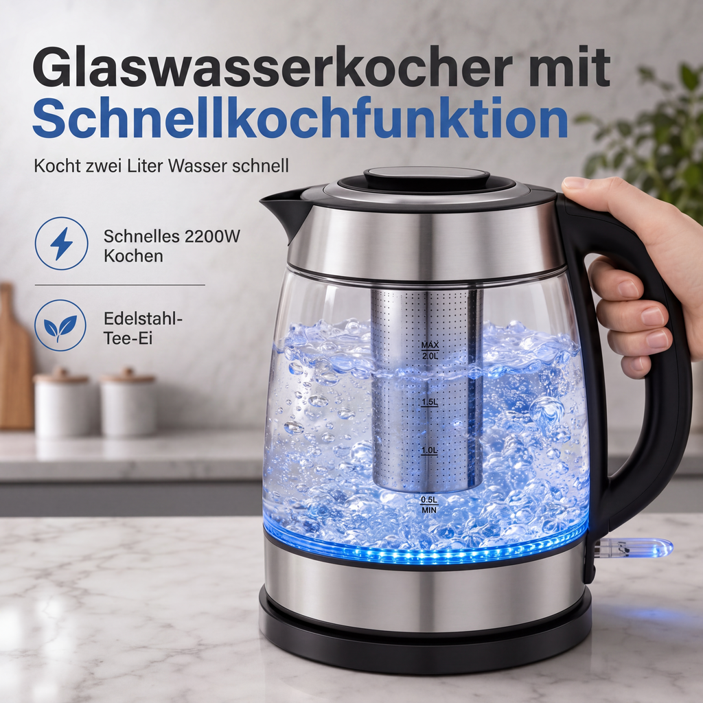 📢📢50 % RABATT !! ⏰2 l Glas-Wasserkocher mit großer Kapazität, automatischer Abschaltung und Überhitzungsschutz