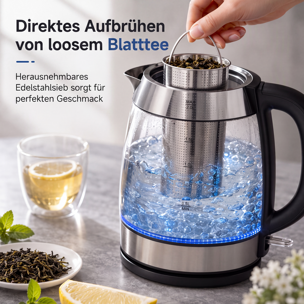 📢📢50 % RABATT !! ⏰2 l Glas-Wasserkocher mit großer Kapazität, automatischer Abschaltung und Überhitzungsschutz