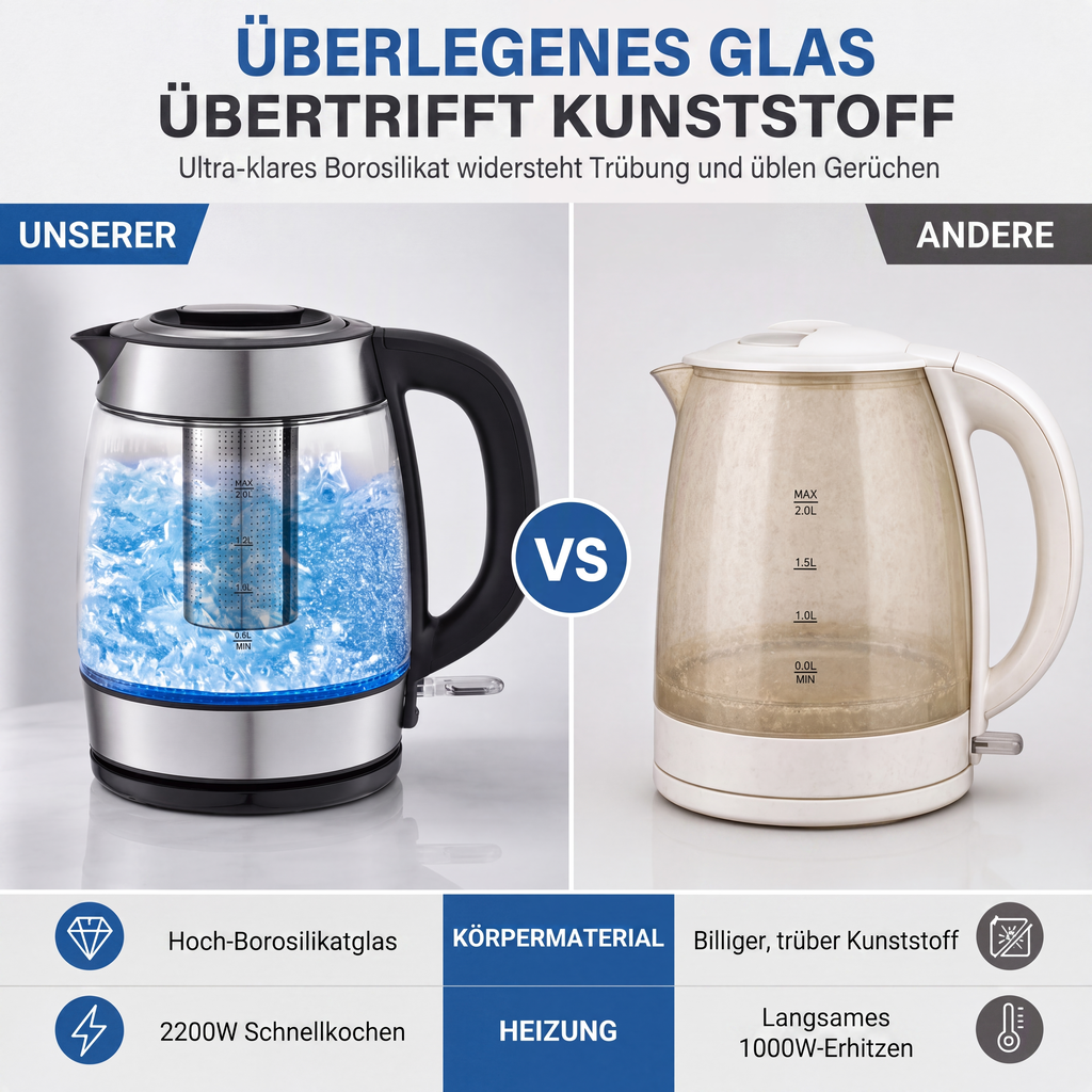 📢📢50 % RABATT !! ⏰2 l Glas-Wasserkocher mit großer Kapazität, automatischer Abschaltung und Überhitzungsschutz