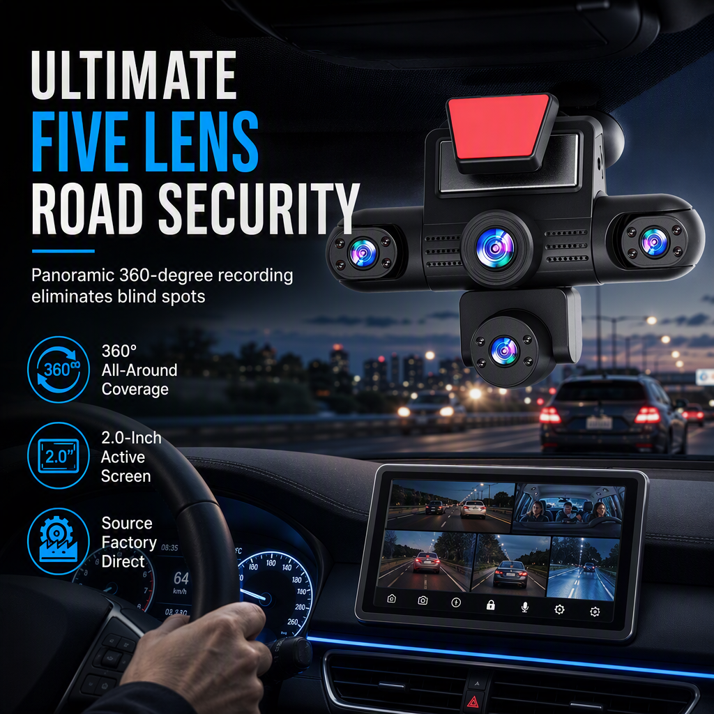 4K 360-Grad-Panorama-Auto-Dashcam mit 5 Kameras - Versteckter Fahrtenschreiber und Fahrzeugüberwachungssystem