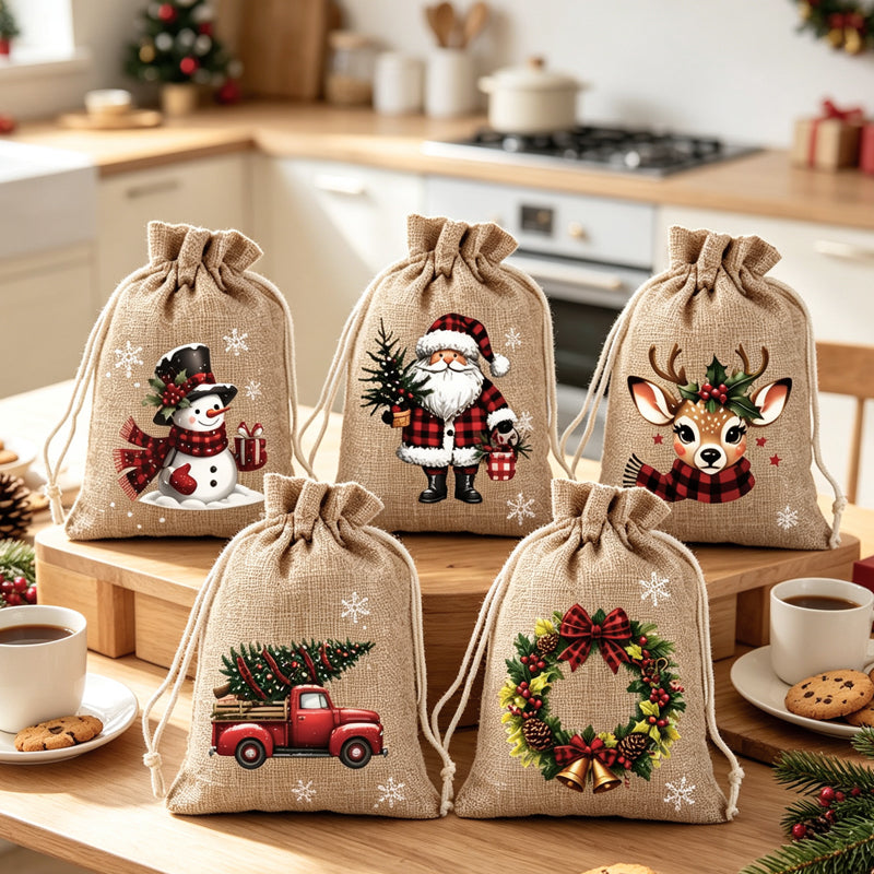🎄 50% RABATT! 🎁Weihnachtliche Geschenksäckchen aus Polyester mit Kordelzug, 5Stück