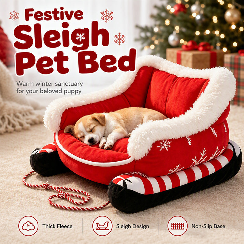 🎄 50% Rabatt!🐶🐱 Weihnachtsschlitten-Haustierbett mit abnehmbarem Kissen – festlich & kuschelig