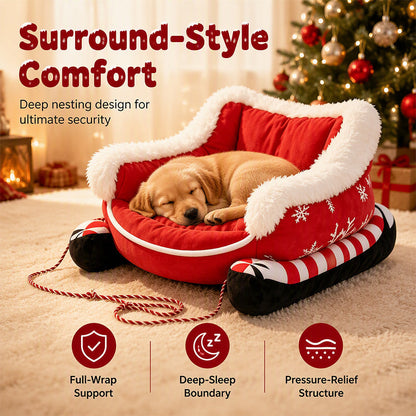 🎄 50% Rabatt!🐶🐱 Weihnachtsschlitten-Haustierbett mit abnehmbarem Kissen – festlich & kuschelig