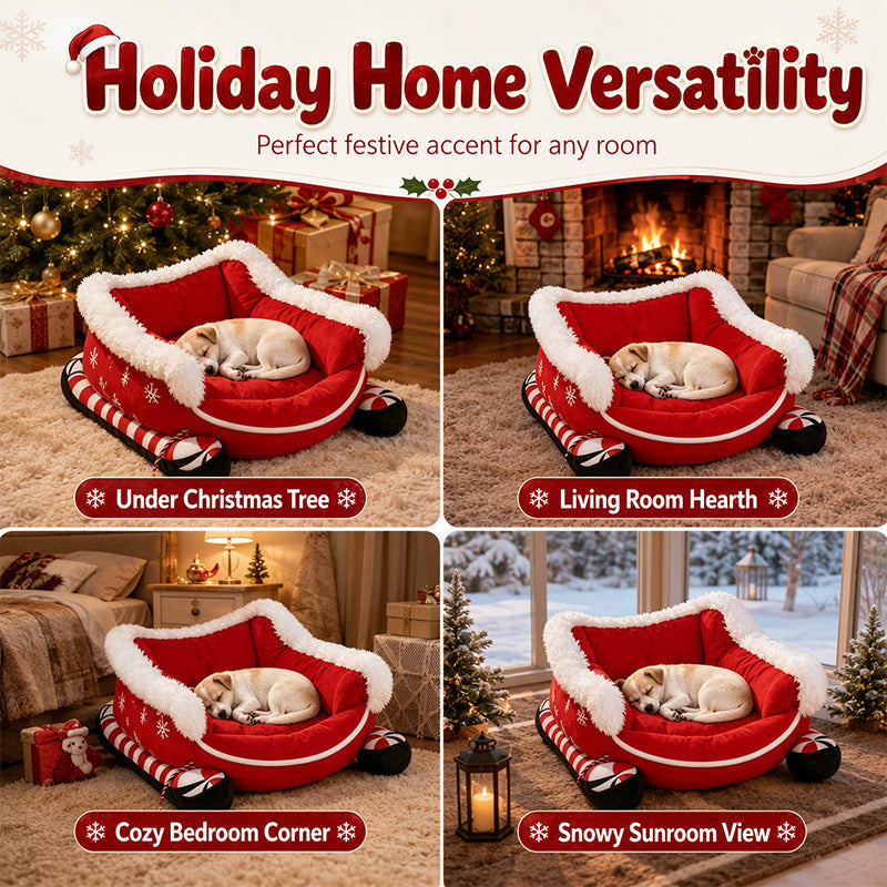 🎄 50% Rabatt!🐶🐱 Weihnachtsschlitten-Haustierbett mit abnehmbarem Kissen – festlich & kuschelig