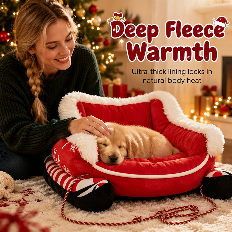 🎄 50% Rabatt!🐶🐱 Weihnachtsschlitten-Haustierbett mit abnehmbarem Kissen – festlich & kuschelig