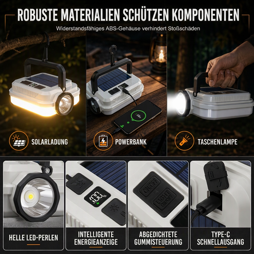 📢📢40% RABATT !!⏰Solar wiederaufladbare LED-Campinglampe, multifunktionale Handarbeitsleuchte mit langer Akkulaufzeit für Outdoor-Notfälle