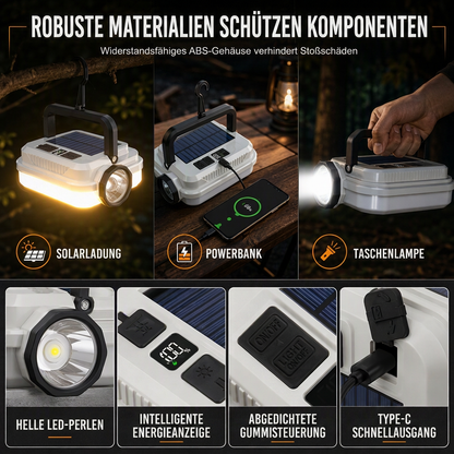 📢📢40% RABATT !!⏰Solar wiederaufladbare LED-Campinglampe, multifunktionale Handarbeitsleuchte mit langer Akkulaufzeit für Outdoor-Notfälle