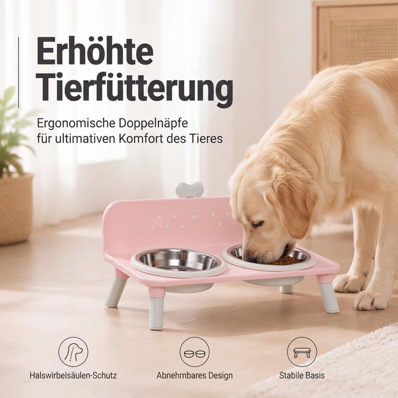🐾 Erhöhter Doppelnapf für Hunde und Katzen mit Edelstahlnäpfen