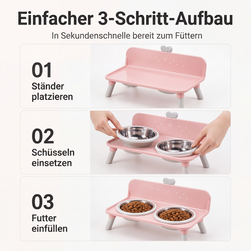 🐾 Erhöhter Doppelnapf für Hunde und Katzen mit Edelstahlnäpfen
