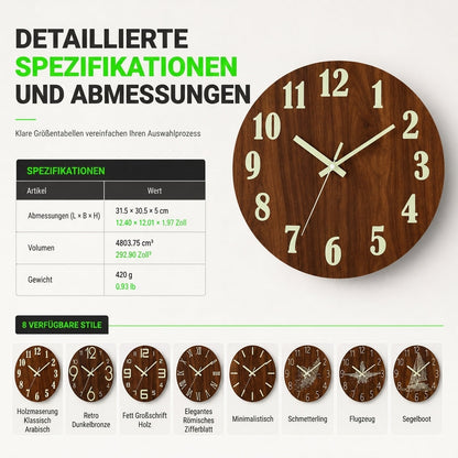 🔥 Zeitlich begrenztes Angebot 🕰️ 12 Zoll geräuschlose hölzerne Wanduhr – mit leuchtender Anzeige und MDF-Holzoptik ✨