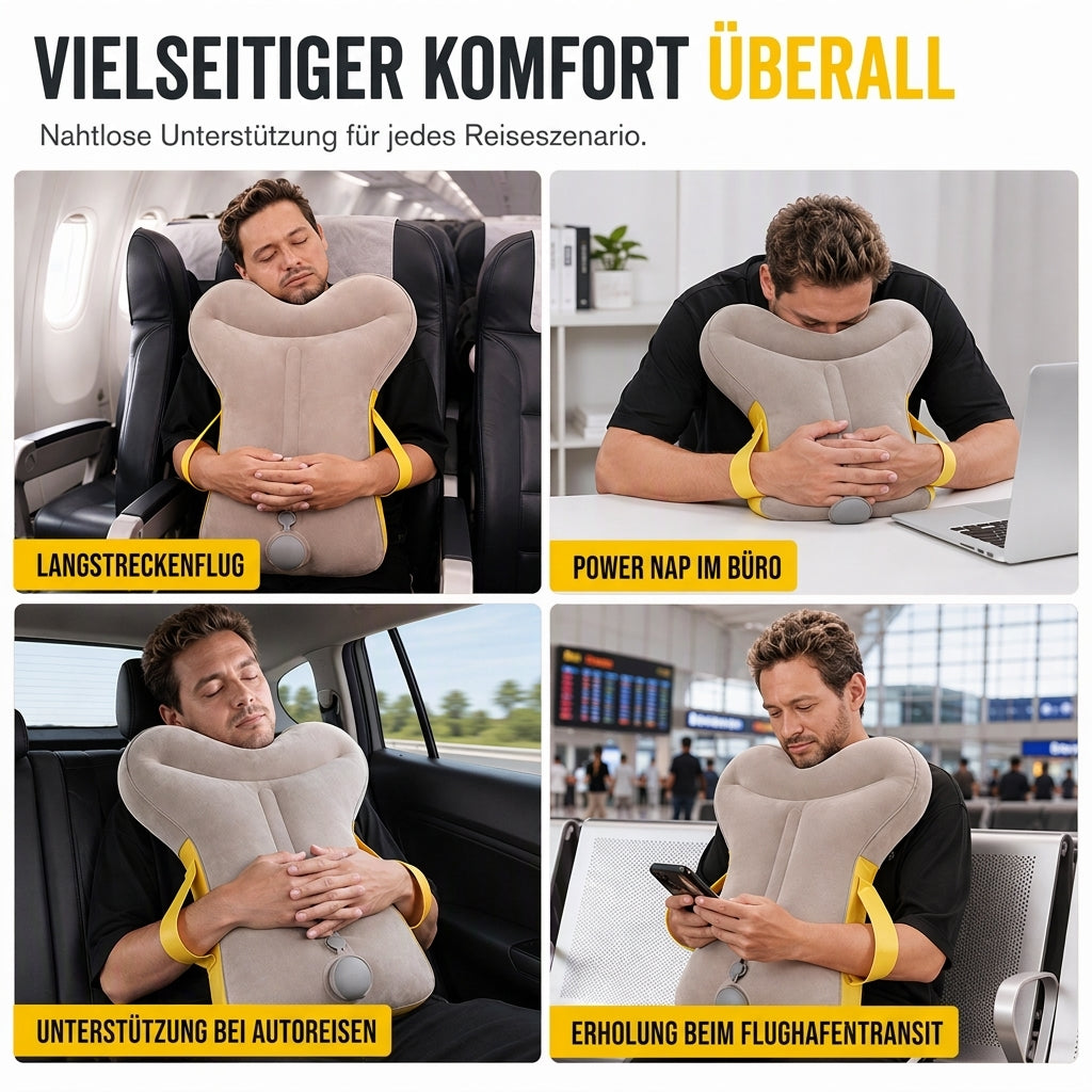 Tragbares aufblasbares Reisekissen – faltbares Kopfunterstützungskissen für Flugzeug, Auto, Camping und Mittagsschlaf im Büro